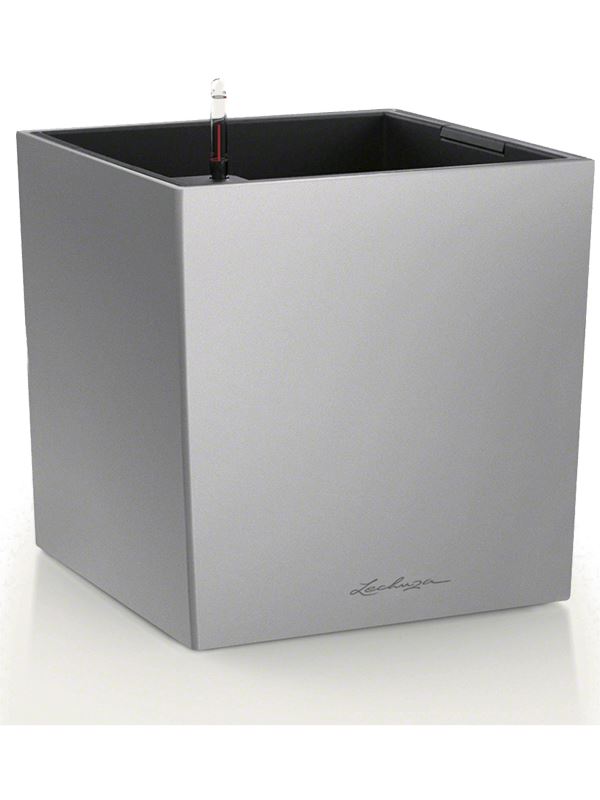Lechuza Premium Cube 40 Plant Pot 40cm Height 34.5cm Dia All Inclusive Set Silver Metallic Pots & Planters