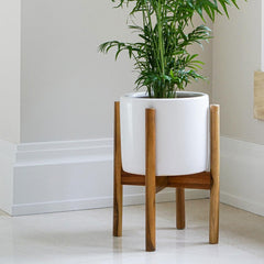 Anzio Stone White Planter with Wooden Stand 38.5cm Height 24cm Dia Pots & Planters