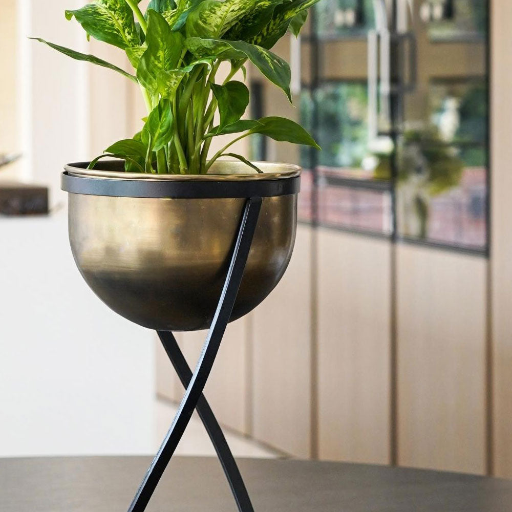Indoor Kensington Tall Brass Metal Round Planter on Stand 42cm Height 20cm Width Pots & Planters